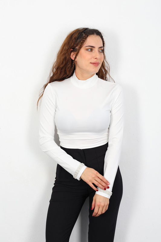 Kolu İnci Nakışlı Dalgıç Beyaz Kadın Bluz - 1