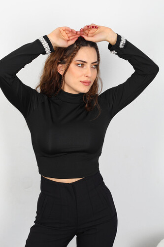 Kolu İnci Nakışlı Dalgıç Siyah Kadın Bluz - 3