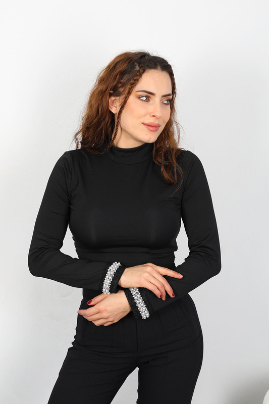 Kolu İnci Nakışlı Dalgıç Siyah Kadın Bluz - 1