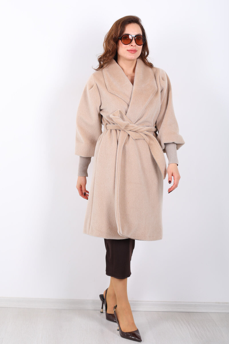 Kolu Ribanalı Kuşaklı Bej Kadın Kaban - 4