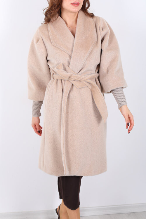 Kolu Ribanalı Kuşaklı Bej Kadın Kaban - 5