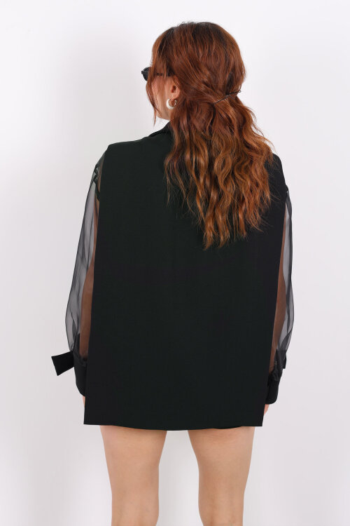 Kolu Şifon Siyah Kadın Blazer Ceket - 6