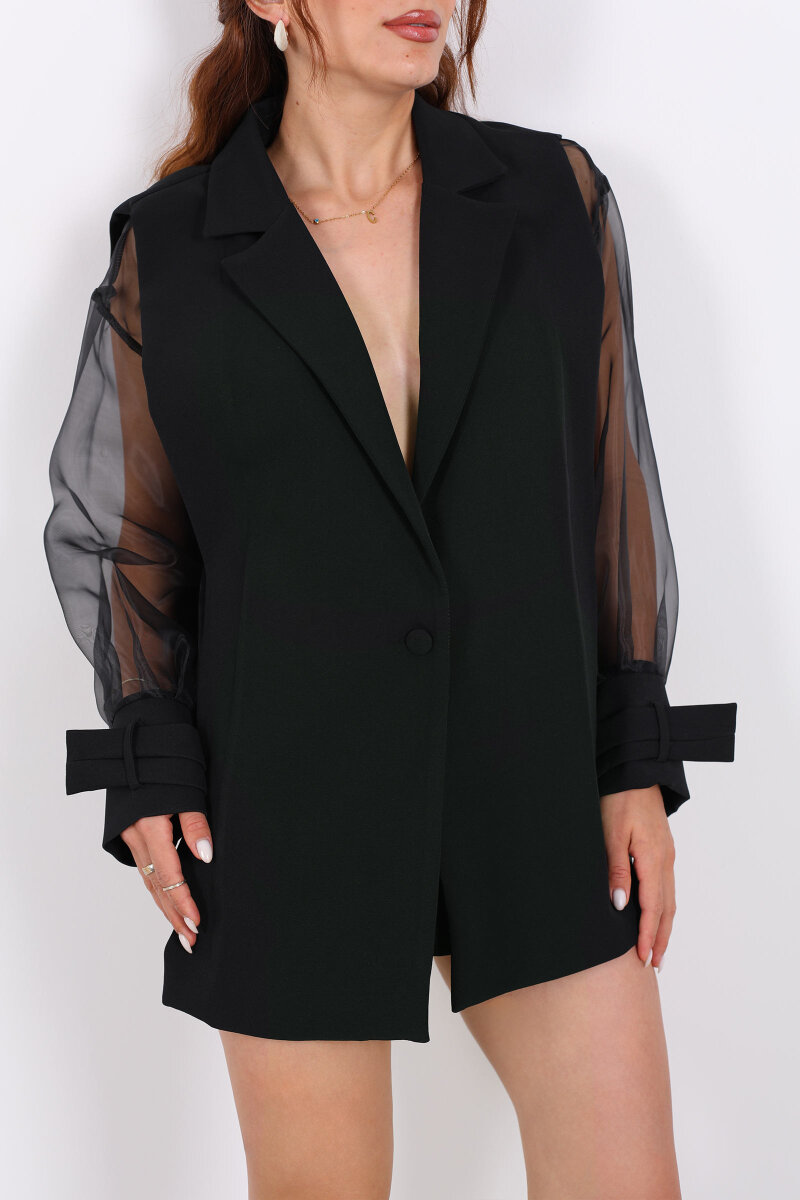 Kolu Şifon Siyah Kadın Blazer Ceket - 2