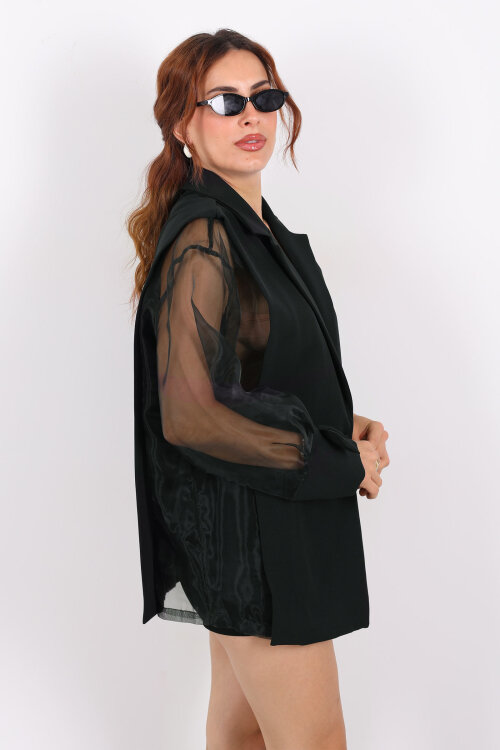 Kolu Şifon Siyah Kadın Blazer Ceket - 4