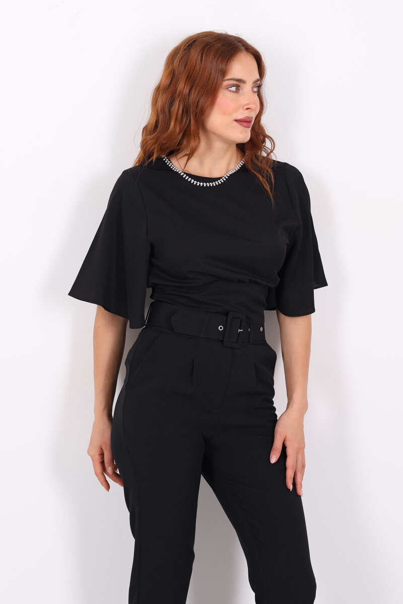 Kolye Detaylı Beli Lastikli Yarasa Kol Siyah Kadın Saten Bluz - 3