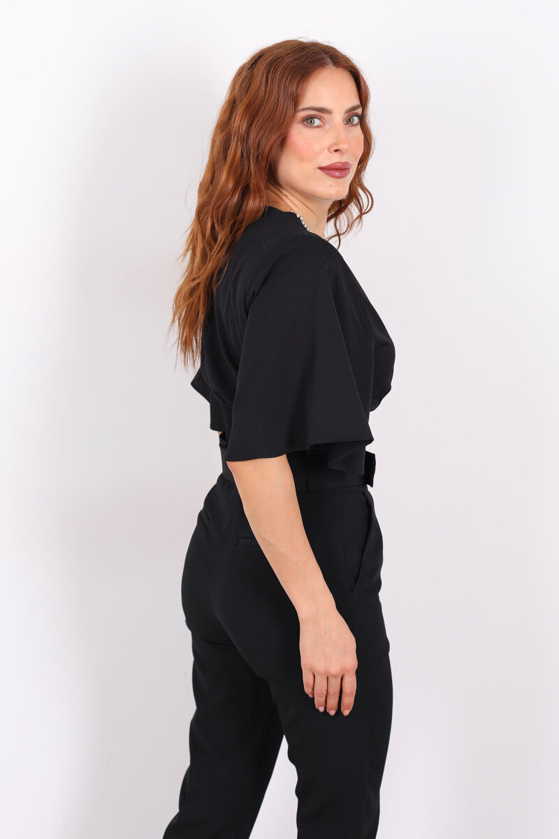 Kolye Detaylı Beli Lastikli Yarasa Kol Siyah Kadın Saten Bluz - 5