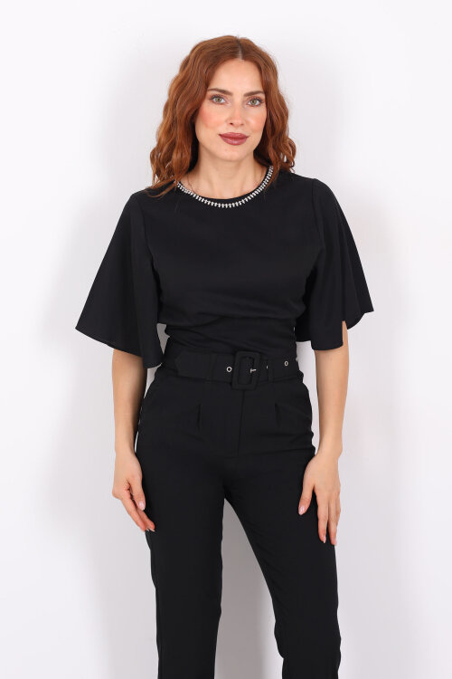 Kolye Detaylı Beli Lastikli Yarasa Kol Siyah Kadın Saten Bluz - 6