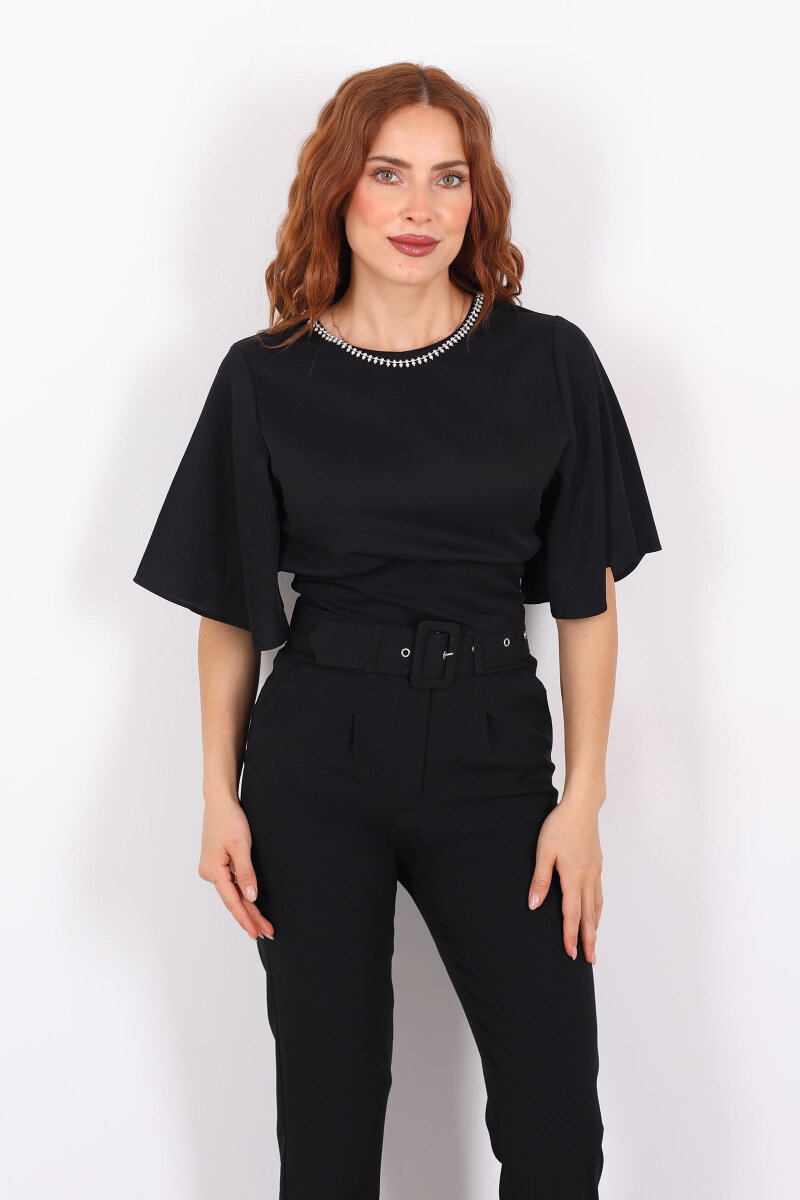 Kolye Detaylı Beli Lastikli Yarasa Kol Siyah Kadın Saten Bluz - 6
