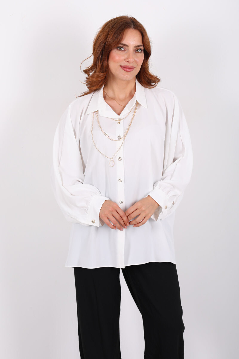 Kolye Detaylı Yarasa Kol Beyaz Kadın Saten Gömlek - 6