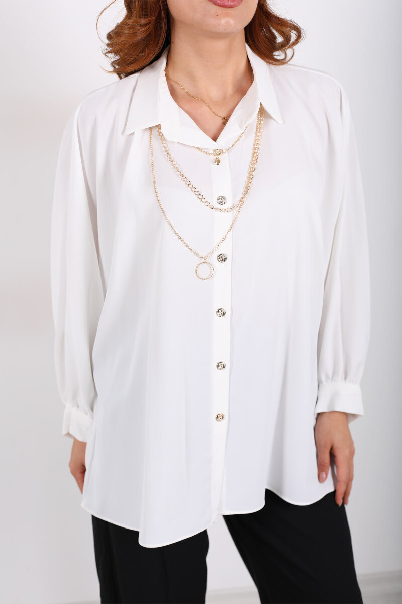 Kolye Detaylı Yarasa Kol Beyaz Kadın Saten Gömlek - 2
