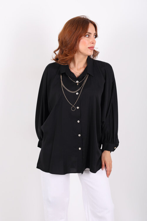 Kolye Detaylı Yarasa Kol Siyah Kadın Saten Gömlek - 6