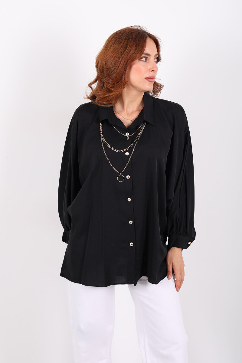 Kolye Detaylı Yarasa Kol Siyah Kadın Saten Gömlek - 6