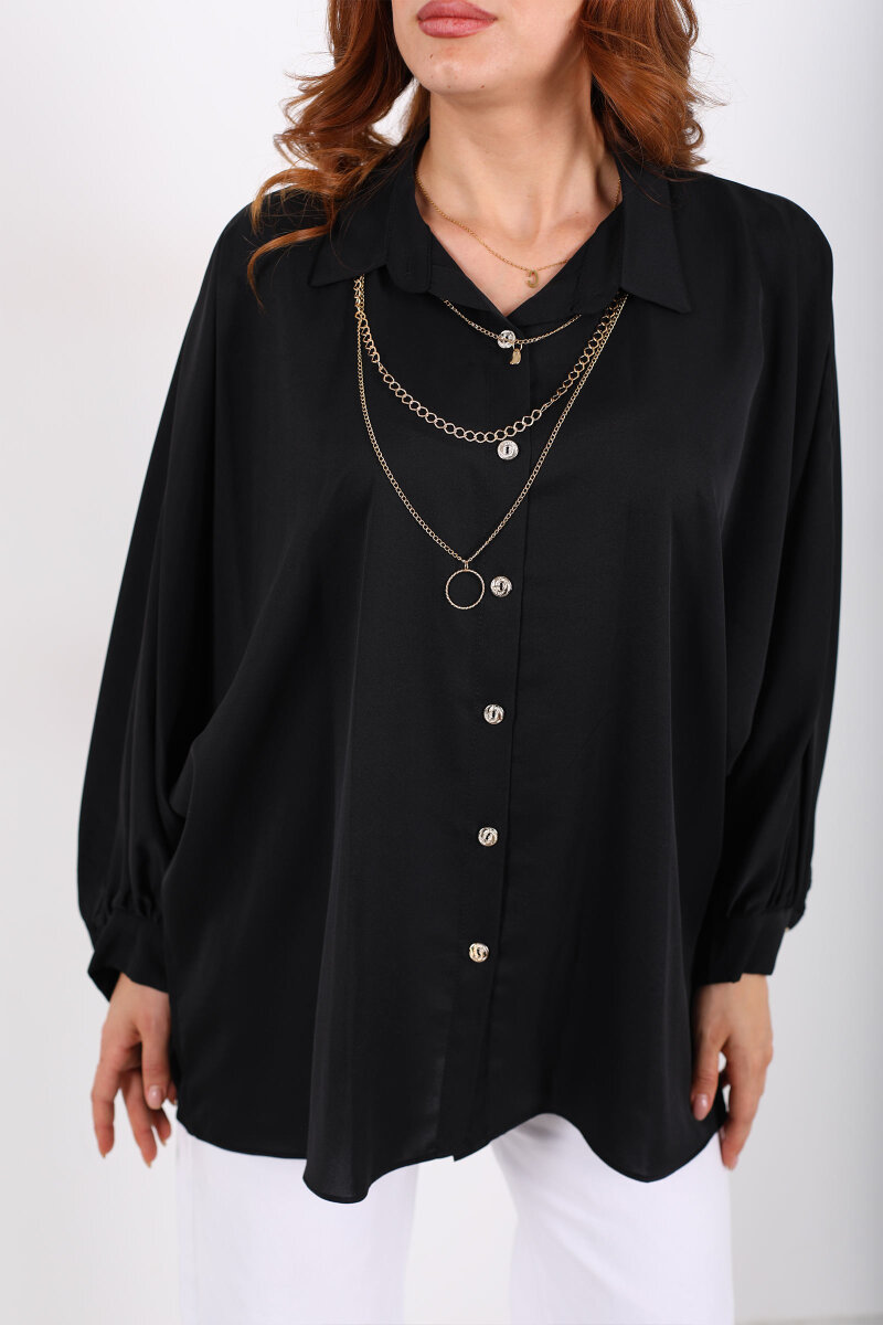 Kolye Detaylı Yarasa Kol Siyah Kadın Saten Gömlek - 2