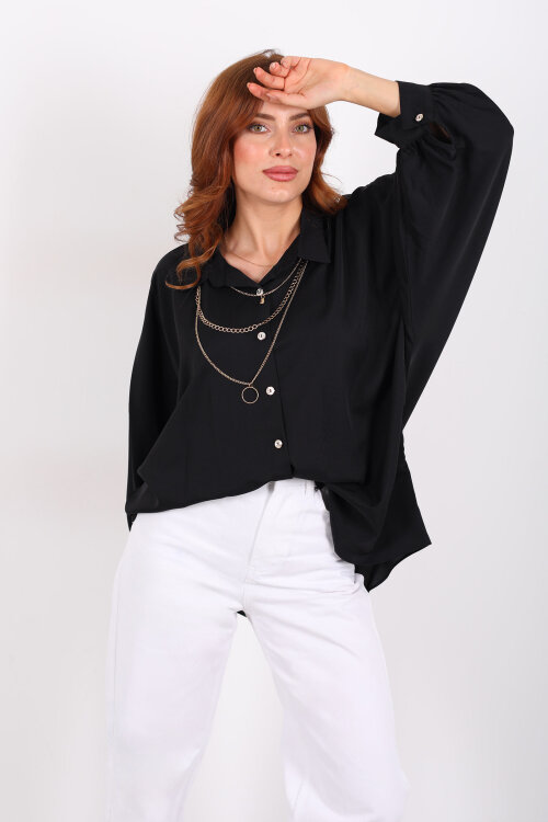 Kolye Detaylı Yarasa Kol Siyah Kadın Saten Gömlek - Berox