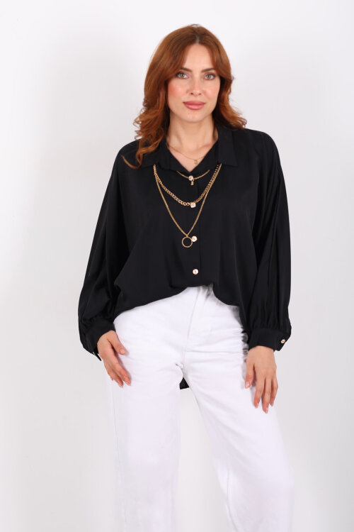 Kolye Detaylı Yarasa Kol Siyah Kadın Saten Gömlek - 4