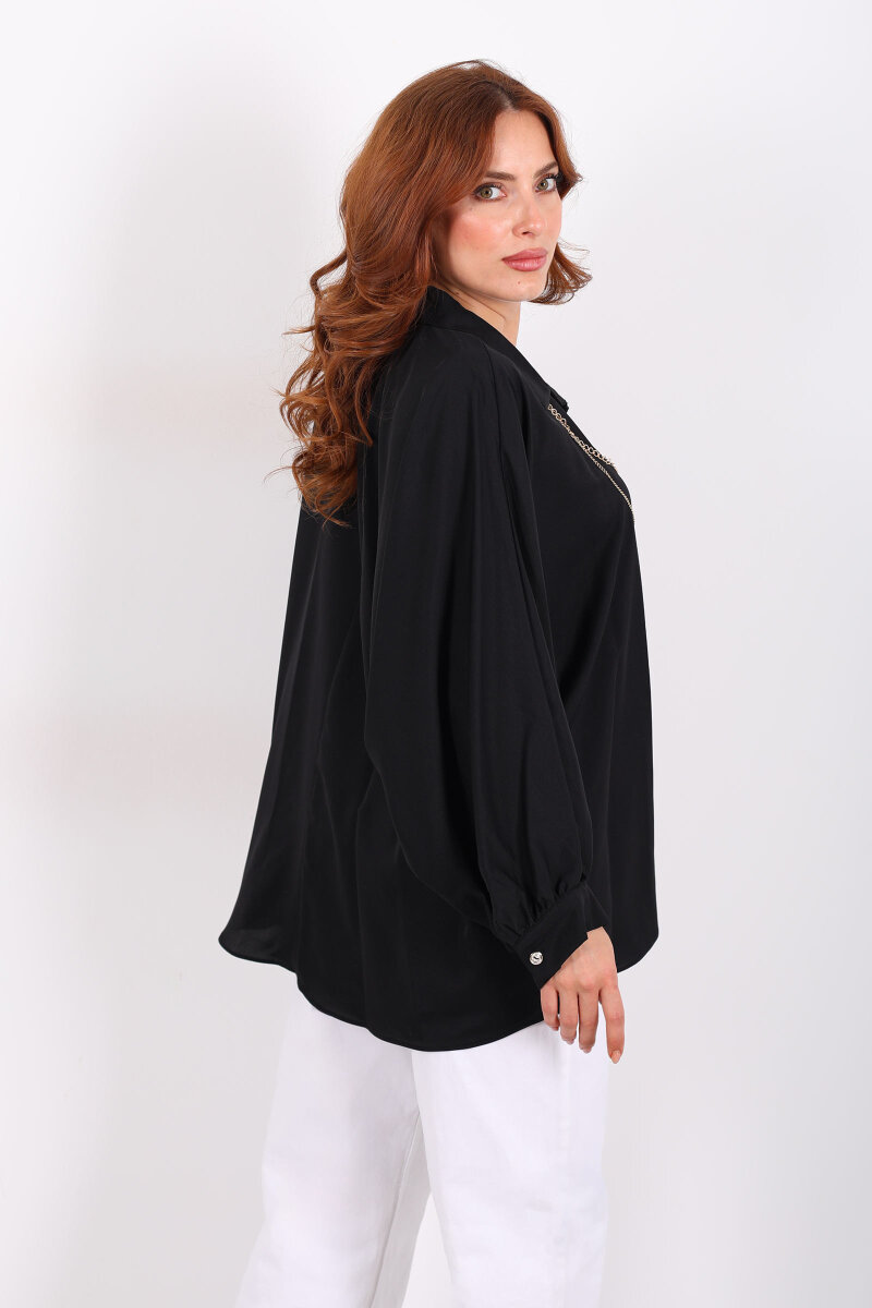 Kolye Detaylı Yarasa Kol Siyah Kadın Saten Gömlek - 5