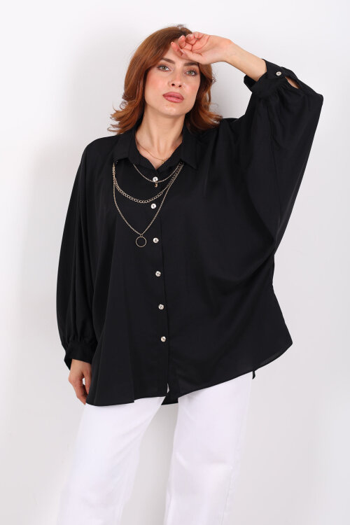 Kolye Detaylı Yarasa Kol Siyah Kadın Saten Gömlek - 3