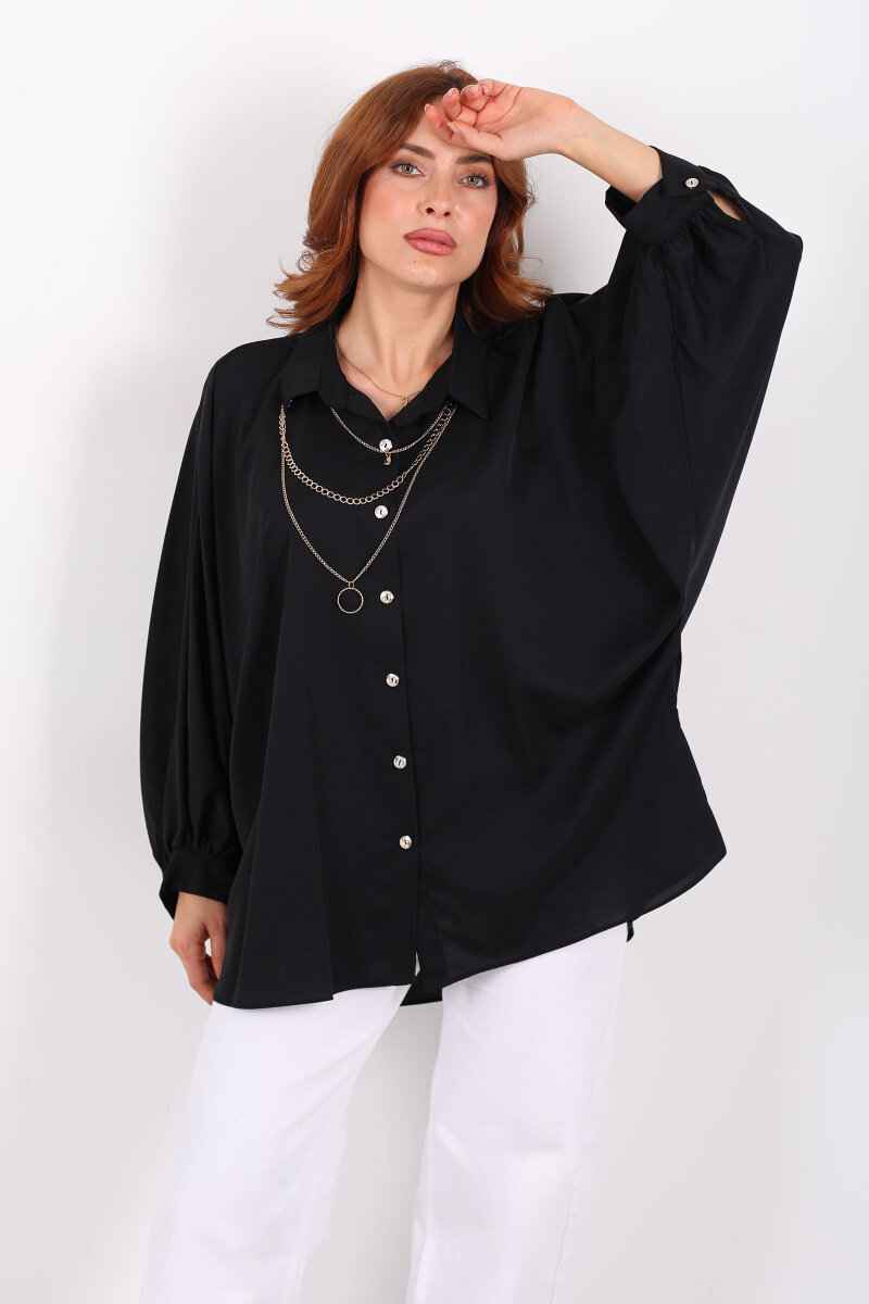 Kolye Detaylı Yarasa Kol Siyah Kadın Saten Gömlek - 3