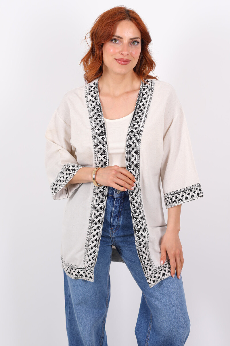 Kopanaki Şeritli Ekru Kadın Keten Kimono - 3