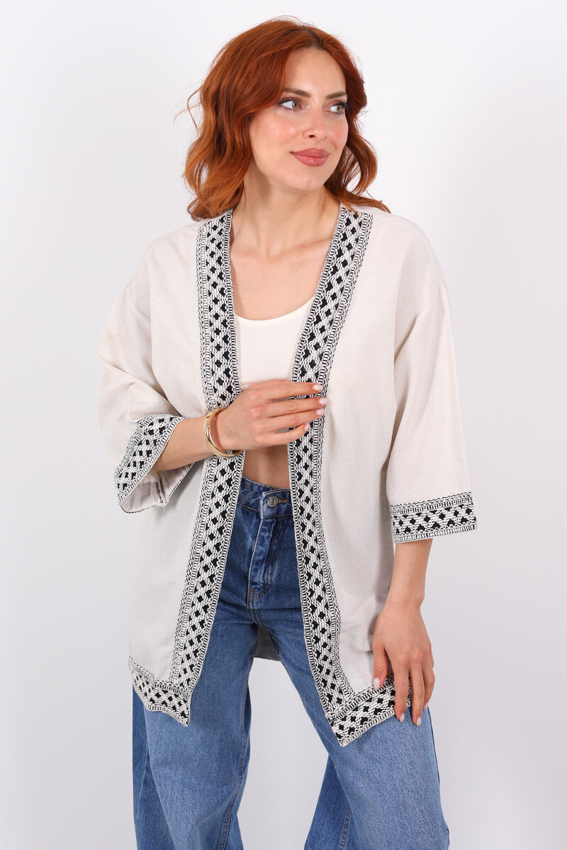 Kopanaki Şeritli Ekru Kadın Keten Kimono - 4