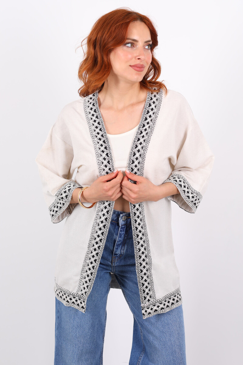 Kopanaki Şeritli Ekru Kadın Keten Kimono - 1