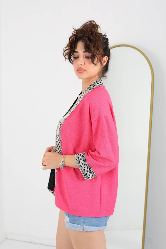 Kopanaki Şeritli Pembe Kadın Krep Kimono - 2