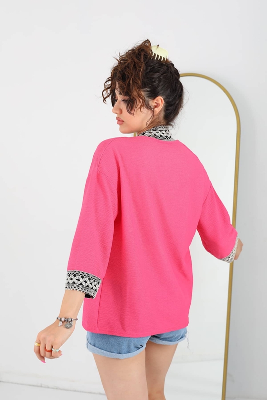 Kopanaki Şeritli Pembe Kadın Krep Kimono - 3