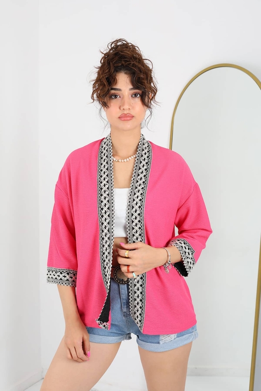 Kopanaki Şeritli Pembe Kadın Krep Kimono - 1