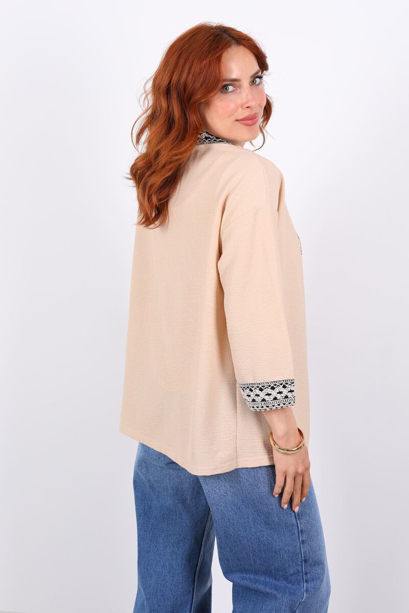Kopanaki Şeritli Taş Rengi Kadın Krep Kimono - 4