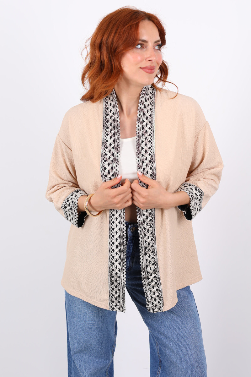 Kopanaki Şeritli Taş Rengi Kadın Krep Kimono - 3