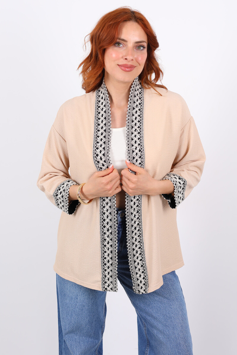 Kopanaki Şeritli Taş Rengi Kadın Krep Kimono - 1