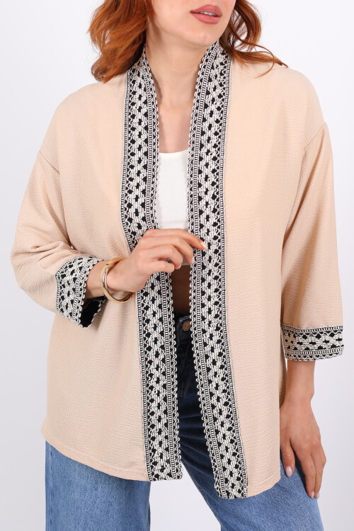 Kopanaki Şeritli Taş Rengi Kadın Krep Kimono - 2