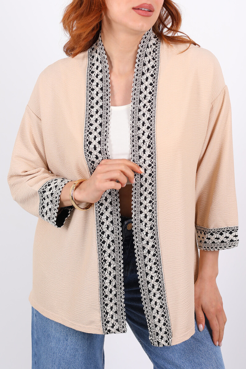Kopanaki Şeritli Taş Rengi Kadın Krep Kimono - 2