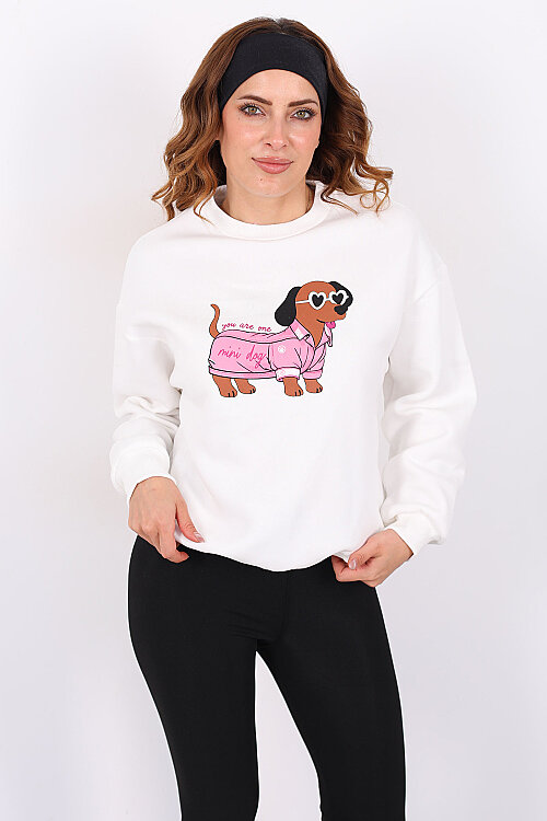 Köpek Figürlü Üç İp Kadın Beyaz Sweatshirt - 3