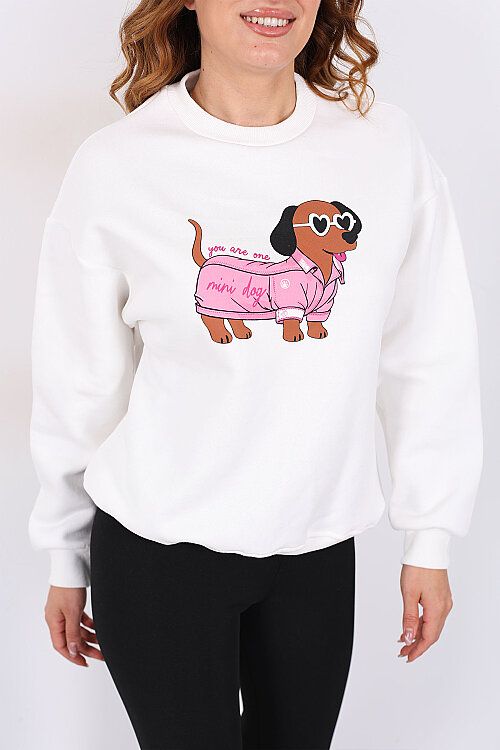 Köpek Figürlü Üç İp Kadın Beyaz Sweatshirt - Berox (1)
