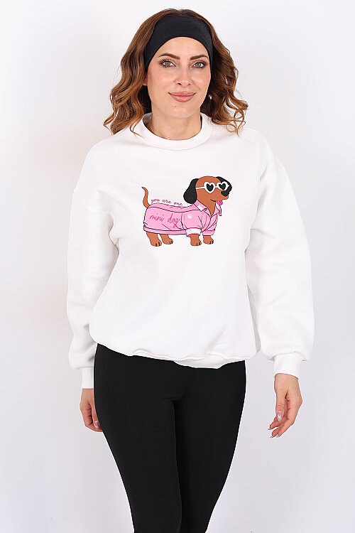 Köpek Figürlü Üç İp Kadın Beyaz Sweatshirt - 5