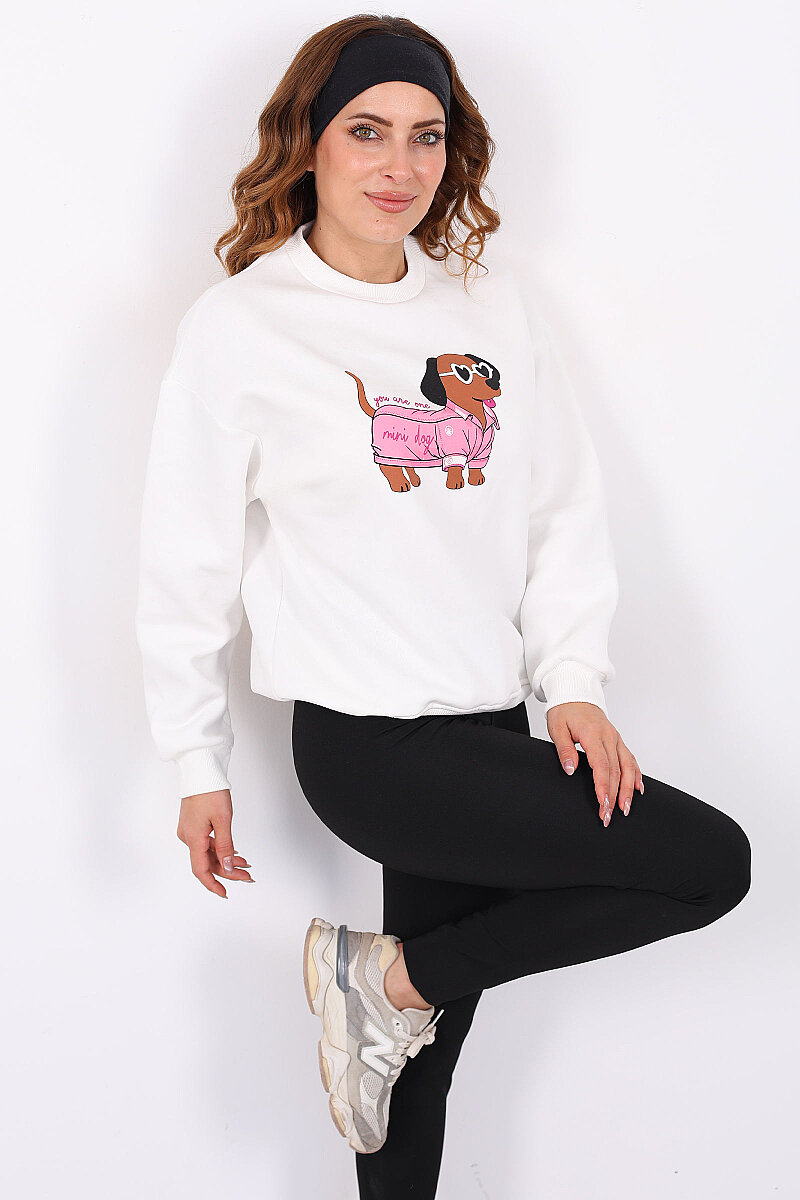 Köpek Figürlü Üç İp Kadın Beyaz Sweatshirt - 1