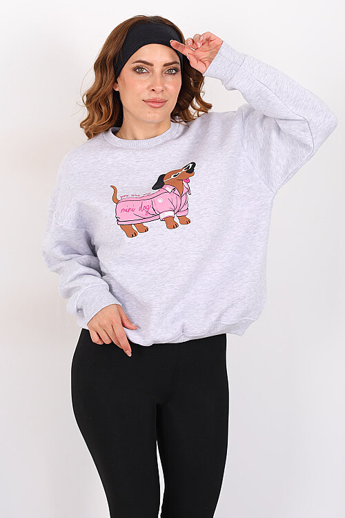 Köpek Figürlü Üç İp Kadın Gri Sweatshirt - Berox