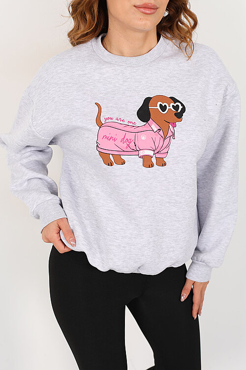 Köpek Figürlü Üç İp Kadın Gri Sweatshirt - Berox (1)