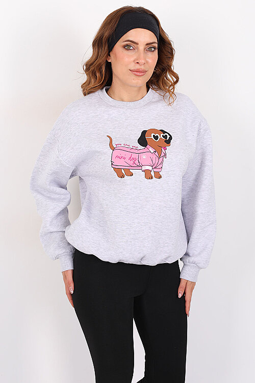 Köpek Figürlü Üç İp Kadın Gri Sweatshirt - 5