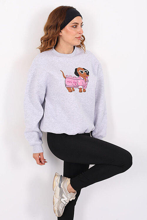 Köpek Figürlü Üç İp Kadın Gri Sweatshirt - 3