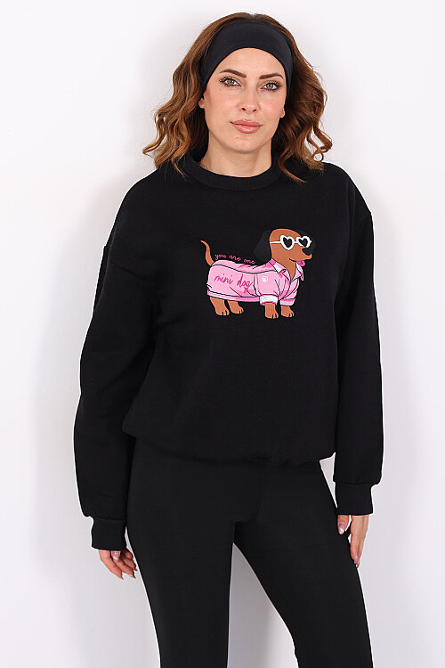 Köpek Figürlü Üç İp Kadın Siyah Sweatshirt - 3