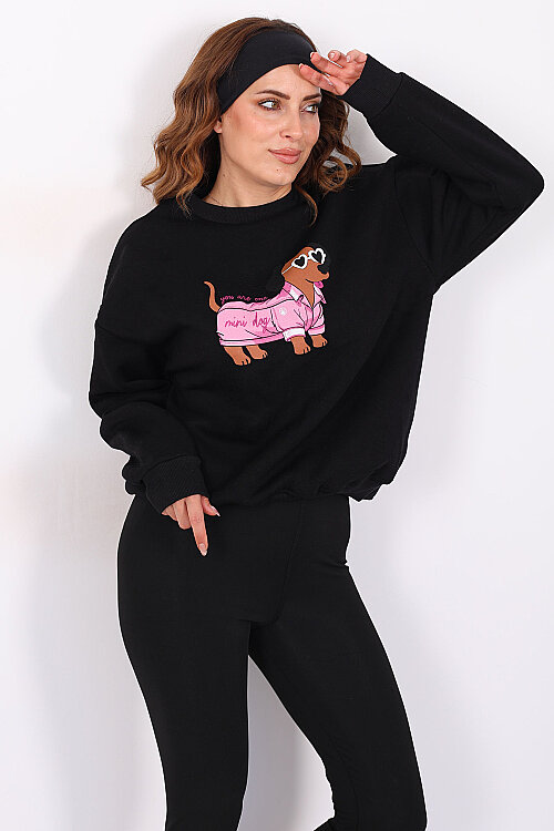 Köpek Figürlü Üç İp Kadın Siyah Sweatshirt - Berox