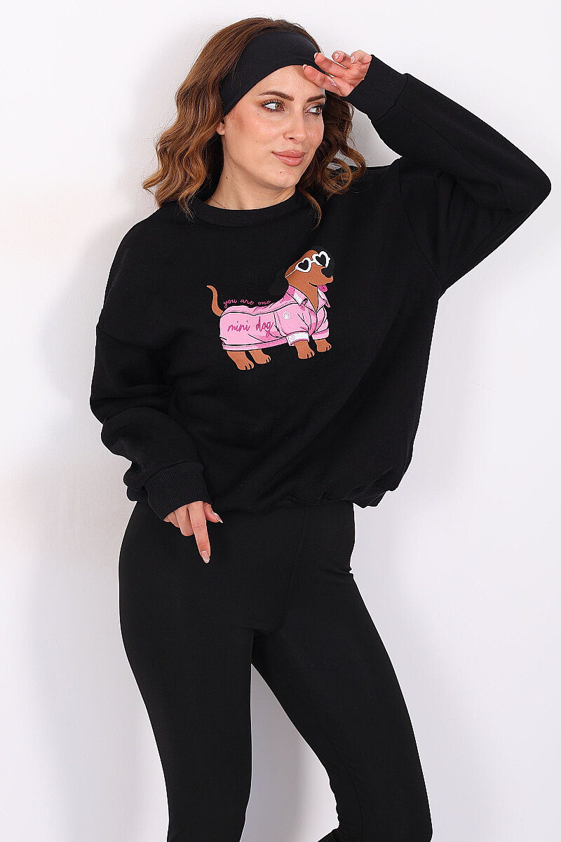 Köpek Figürlü Üç İp Kadın Siyah Sweatshirt - 1