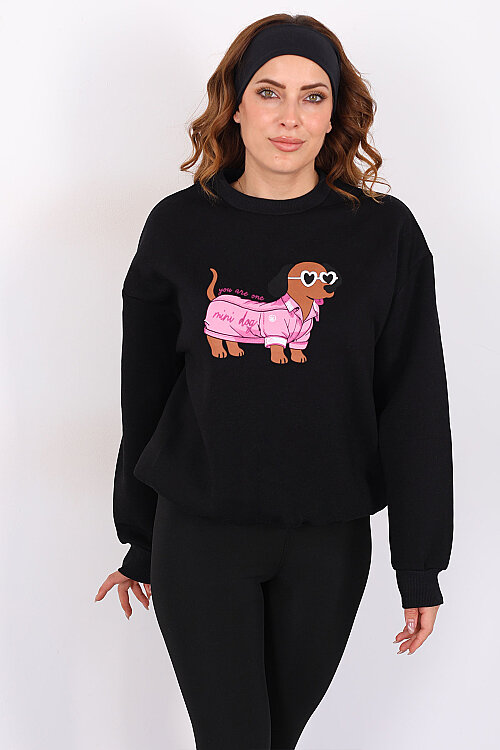 Köpek Figürlü Üç İp Kadın Siyah Sweatshirt - 5
