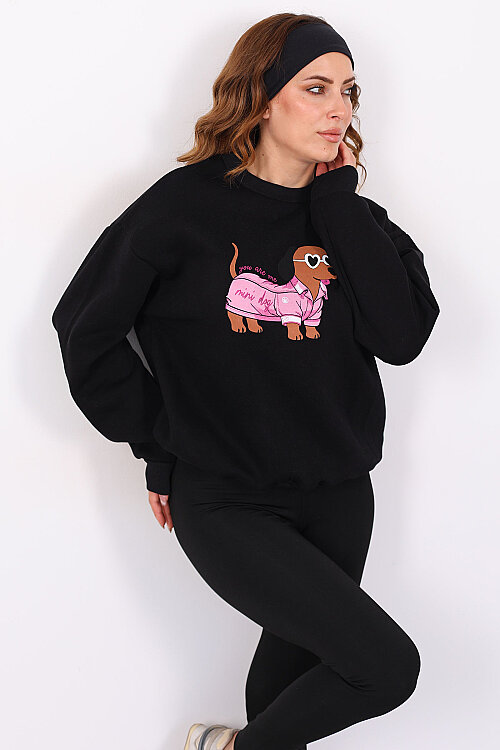 Köpek Figürlü Üç İp Kadın Siyah Sweatshirt - 4