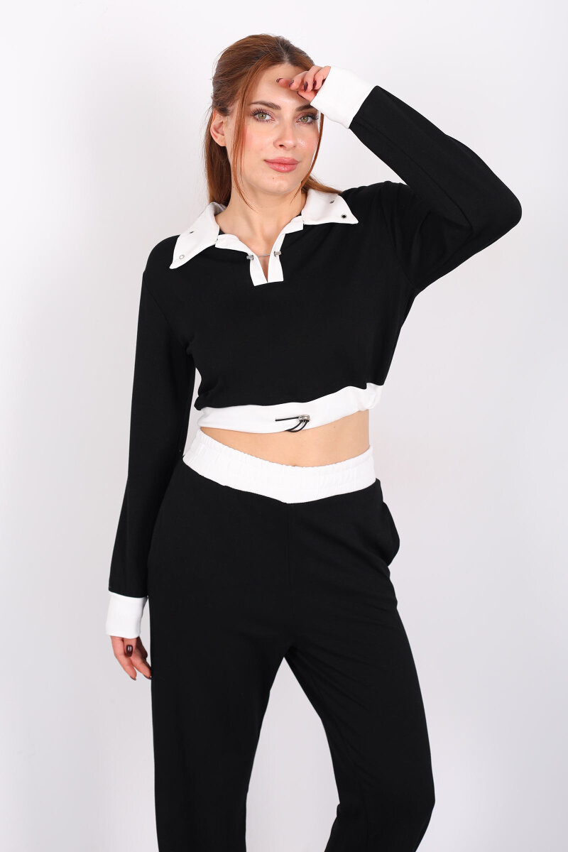 Kordon Ve Zımba Detaylı Garnili Siyah Kadın Modal Takım - 1