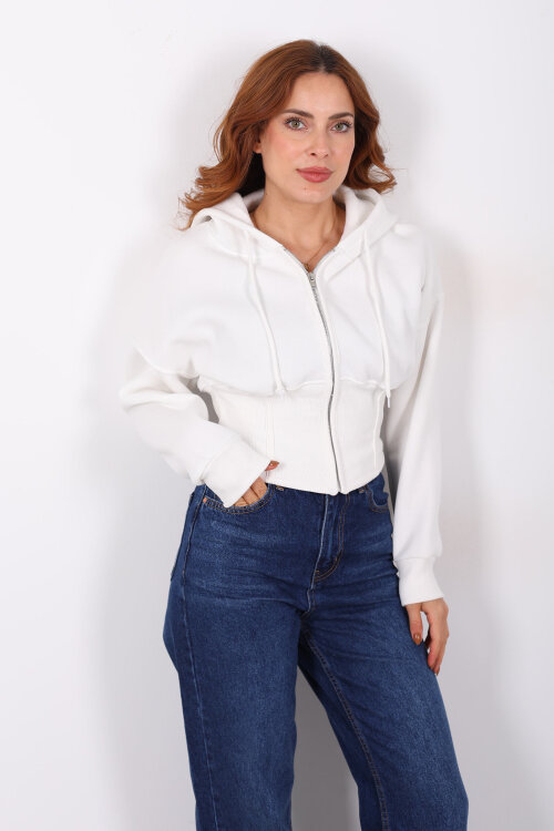 Korse Detaylı Fermuarlı Beyaz Kadın Sweat - 6