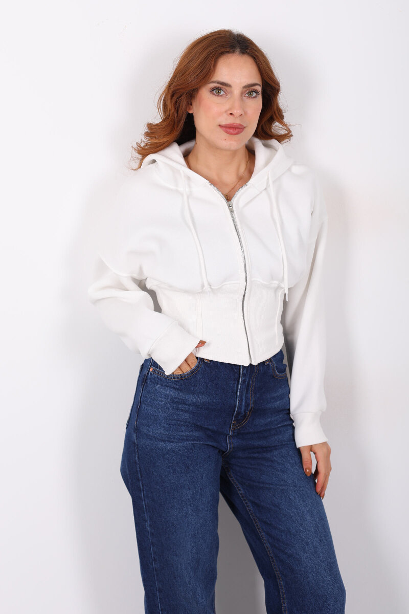 Korse Detaylı Fermuarlı Beyaz Kadın Sweat - 6
