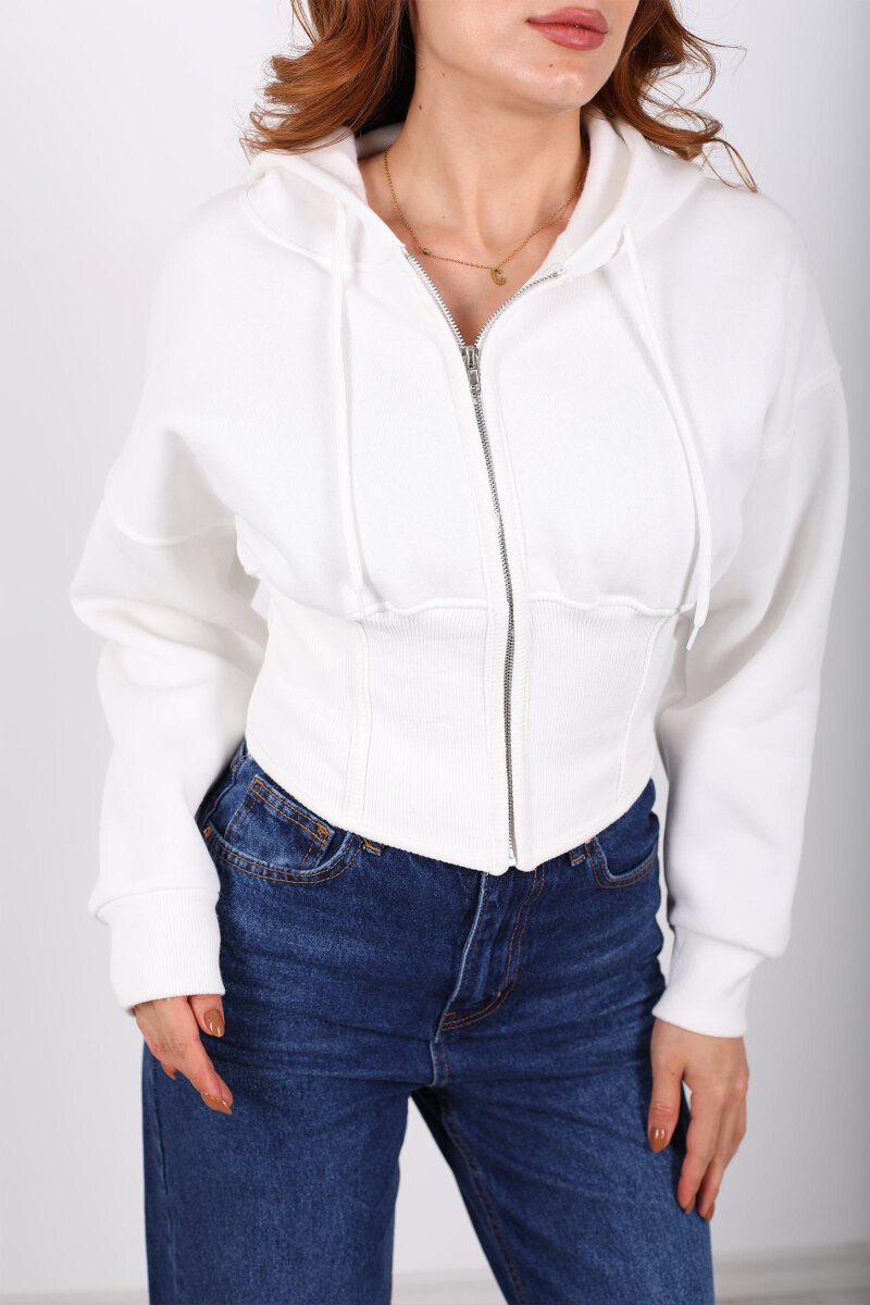Korse Detaylı Fermuarlı Beyaz Kadın Sweat - 2